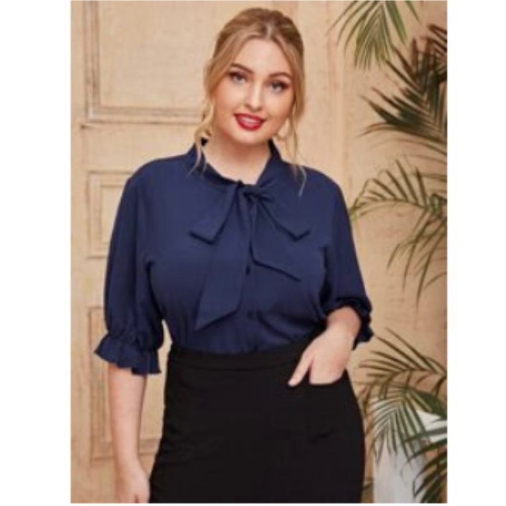 SHEIN Blue Bowtie Blouse 3/4 Sleeves Size XL